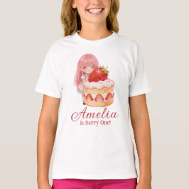 ストロベリースイート水彩ガール1歳の誕生日 Tシャツ