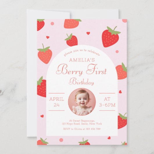 ストロベリースウィートベリーの最初の誕生日パーティーの写真 招待状 (正面)