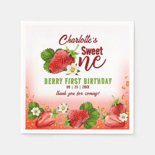 ストロベリースウィートワン最初の誕生日パーティー スタンダードカクテルナプキン (正面)