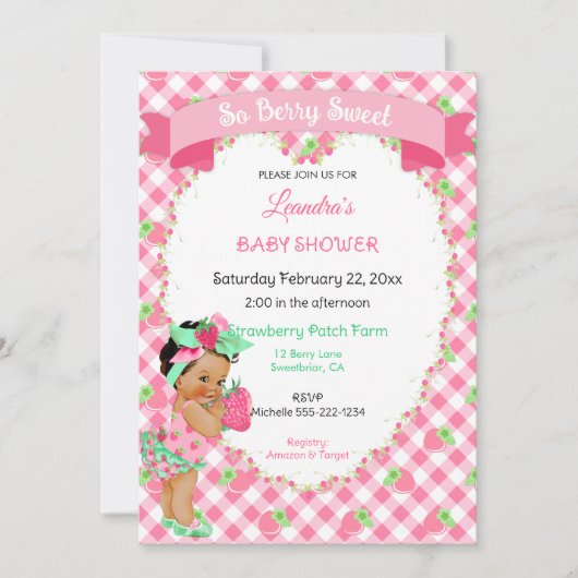 ストロベリーテーマベビーガールギンガムピンクミント 招待状 (正面)