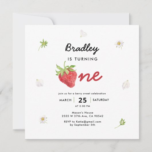 ストロベリーテーマベリーファースト誕生日スクエア 招待状 (正面)