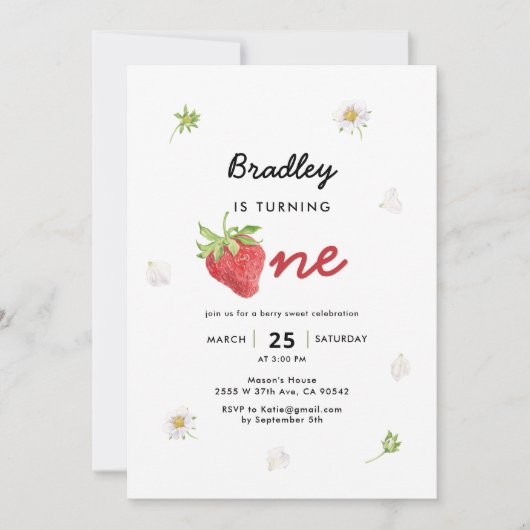 ストロベリーテーマベリーファースト誕生日 招待状 (正面)