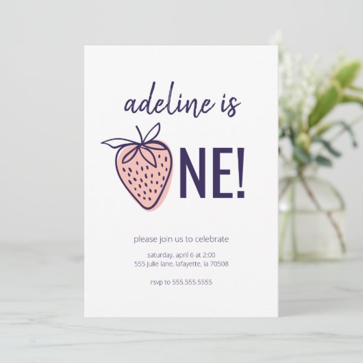ストロベリーテーマ最初のバースデーパーティ招待状 招待状 (スタンド正面)