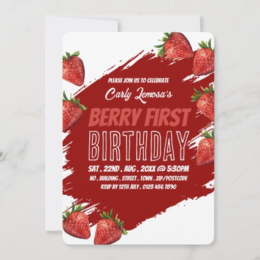 ストロベリーデザイン、ベリーファースト誕生日 招待状 (正面)