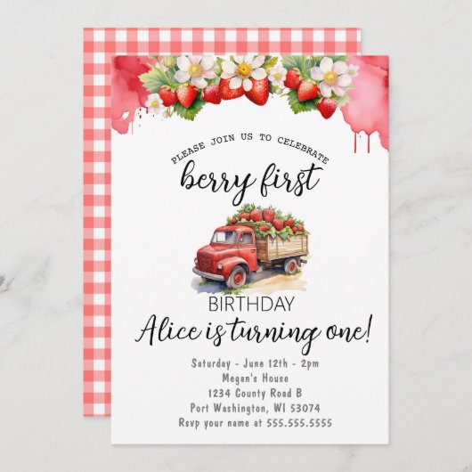 ストロベリートラックエレガンスベリーファースト誕生日 招待状 (正面/裏面)
