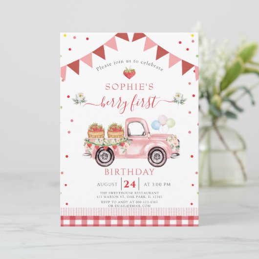 ストロベリートラックスイートベリーファースト誕生日 招待状 (スタンド正面)