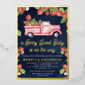 ストロベリートラックベリー甘いベビーシャワー海軍金ゴールド 箔招待状 (正面)