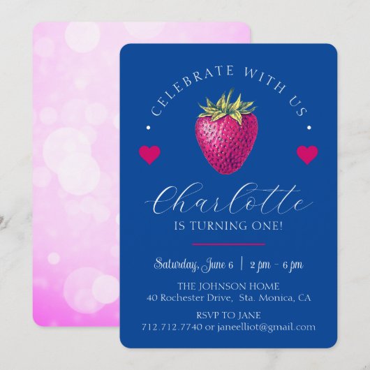 ストロベリーハーツ バースデーガール ネイビーブルー サンキューカード (正面/裏面)