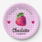 ストロベリーハート誕生日ガールピンク市松模様にク ペーパープレート (正面)