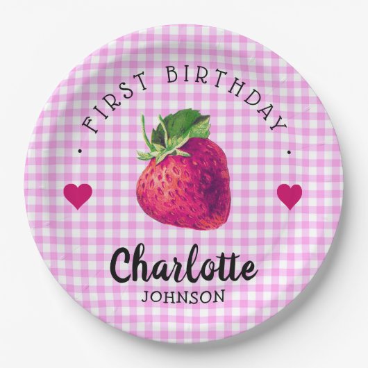ストロベリーハート誕生日ガールピンク市松模様にク ペーパープレート (正面)