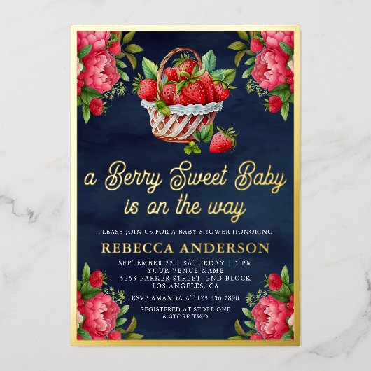 ストロベリーバスケット甘い赤ちゃんシャワー海軍ブルー金ゴールド 箔招待状 (正面)