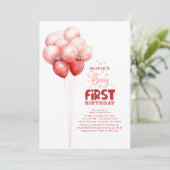 ストロベリーバルーズベリーファースト女子誕生日 招待状 (スタンド正面)