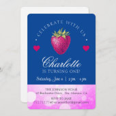 ストロベリーバースデーパーティーガールピンクとダークブルー サンキューカード (正面/裏面)