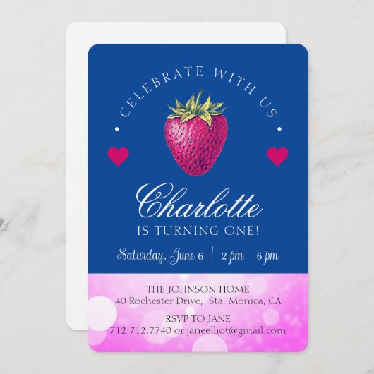 ストロベリーバースデーパーティーガールピンクとダークブルー サンキューカード (正面/裏面)