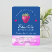 ストロベリーバースデーパーティーガールピンクとダークブルー サンキューカード (スタンド正面)