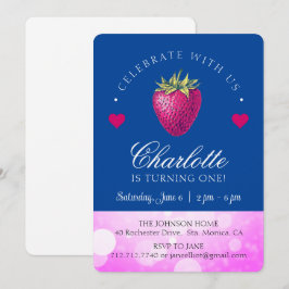 ストロベリーバースデーパーティーガールピンクとダークブルー サンキューカード