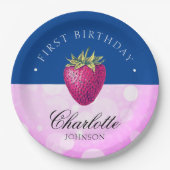 ストロベリーバースデーパーティーガールピンクとダークブルー ペーパープレート (正面)