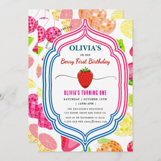 ストロベリーバースデーパーティーベリーファースト招待状 招待状 (正面/裏面)
