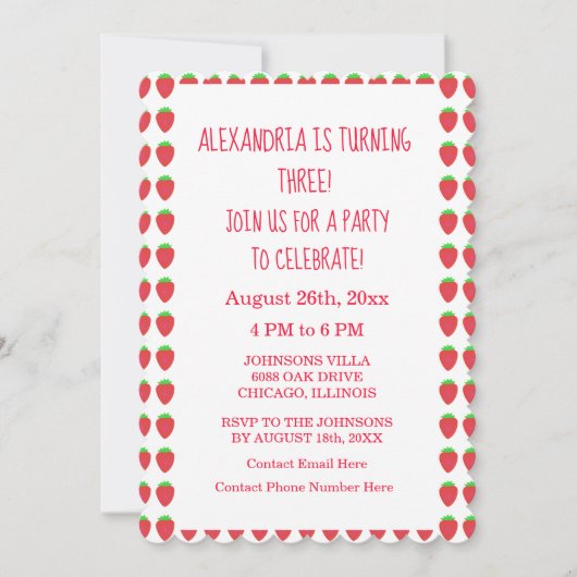 ストロベリーパターン3歳の誕生日パーティーカスタム時代 招待状 (正面)