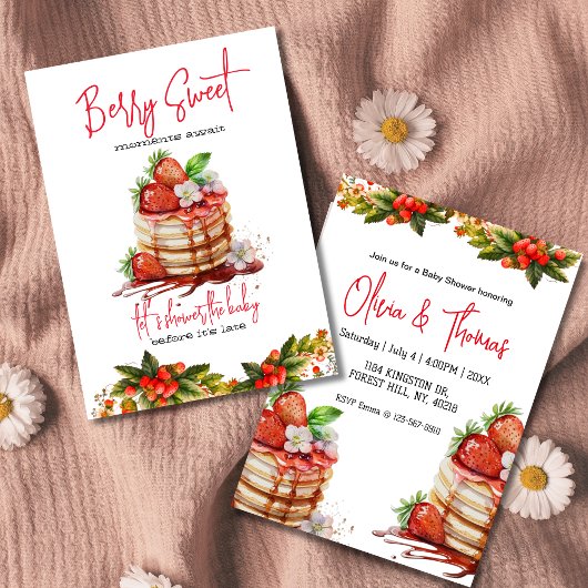 ストロベリーパンケーキベリー甘いベビーシャワー 招待状