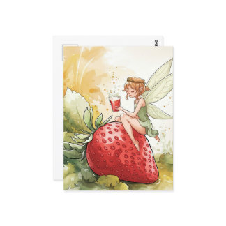 ストロベリーパンチのグラスと可愛い妖精ファンタジー ポストカード