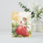 ストロベリーパンチのグラスと可愛い妖精ファンタジー ポストカード (スタンド正面)