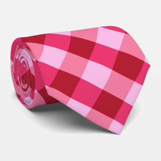 ストロベリーピンクと赤の大きな格子柄 ネクタイ (ロール)