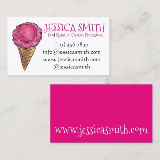 ストロベリーピンクのアイスクリームコーンスクープのデザート食品 名刺 (正面/裏面)