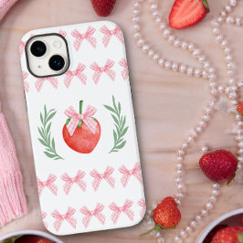 ストロベリーピンクのギンガムチェックのリボン付きラウレルリース Case-Mate iPhone 14 PLUSケース