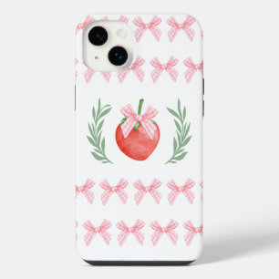 ストロベリーピンクのギンガムチェックのリボン付きラウレルリース iPhone 14 PLUSケース