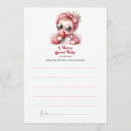 ストロベリーピンクのギンガムベリー甘いベビーシャワー アドバイスカード (正面)