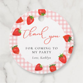 ストロベリーピンクの格子柄ジンガム誕生日ありがとう フェイバータグ