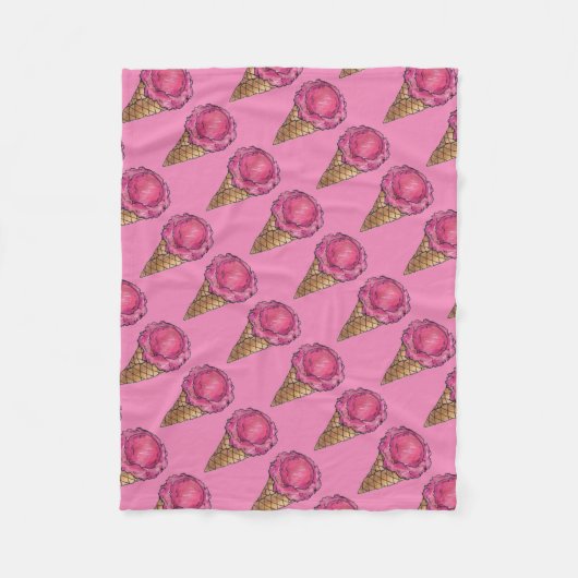 ストロベリーピンクアイスクリームスクープワッフルコーングルメ フリースブランケット (正面)