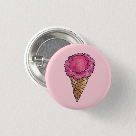 ストロベリーピンクアイスクリームスクープワッフルコーングルメ 缶バッジ (正面&裏面)