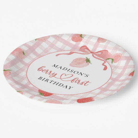 ストロベリーピンクギンガム1st誕生日 ペーパープレート (アングル)