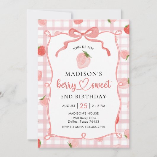 ストロベリーピンクギンガム2nd誕生日パーティー 招待状 (正面)