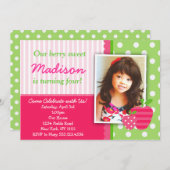 ストロベリーピンクグリーンバースデーパーティ招待状 招待状 (正面/裏面)