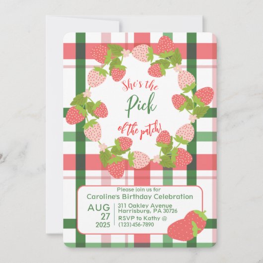 ストロベリーピンクグリーンプレイド誕生日招待状 招待状 (正面)
