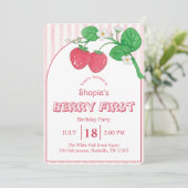 ストロベリーピンクストライプガールベリー1歳の誕生日 招待状 (スタンド正面)