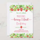 ストロベリーピンクフローラベリーファースト誕生日 招待状 (正面)