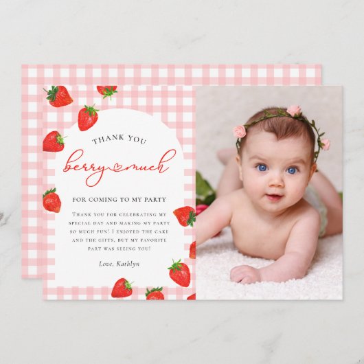 ストロベリーピンクベリープレイドギンガム誕生日 サンキューカード (正面/裏面)