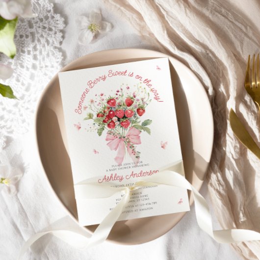 ストロベリーピンクボウフローラベビーシャワー 招待状