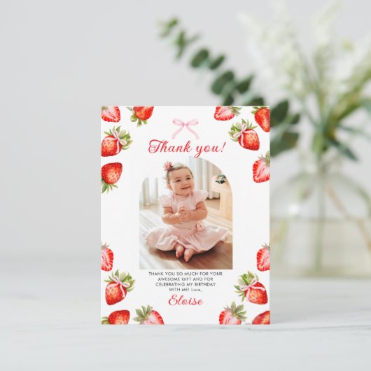 ストロベリーピンクボウ1st誕生日サンキューカード サンキューカード (スタンド正面)