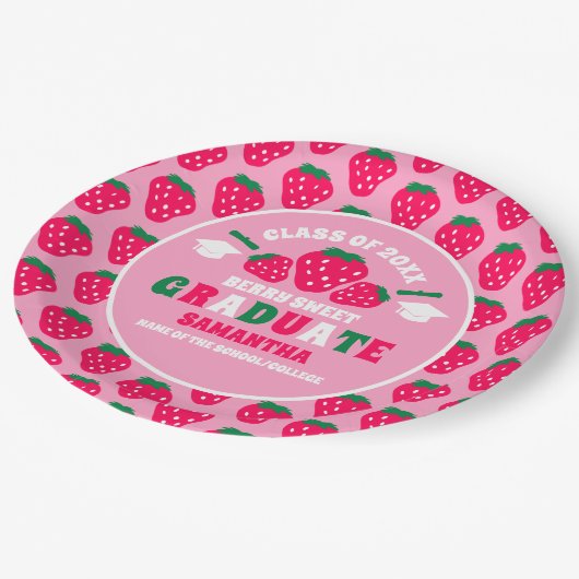 ストロベリーピンク卒業パーティー ペーパープレート (アングル)
