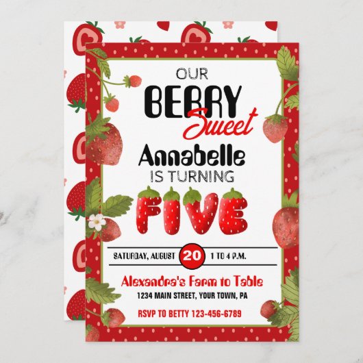 ストロベリーファイブバースデーパーティーの招待状 招待状 (正面/裏面)
