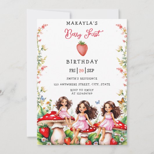 ストロベリーファーストお洒落ガールズパーティー誕生日 招待状 (正面)