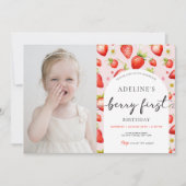 ストロベリーファーストかわいい第1誕生日の写真 招待状 (正面)