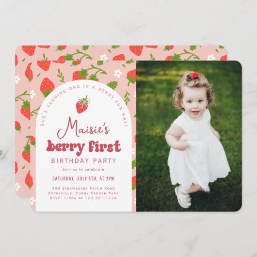 ストロベリーファーストフォトバースデーパーティー 招待状 (正面/裏面)