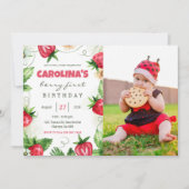 ストロベリーファーストフォト誕生日 招待状 (正面)