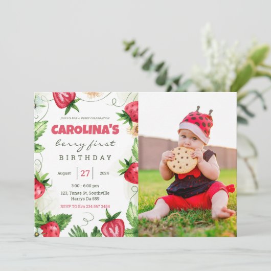 ストロベリーファーストフォト誕生日 招待状 (スタンド正面)